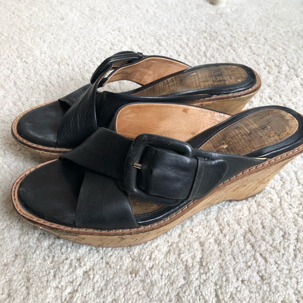 Sofft black leather wedge slides with buckle & cork-covered heel with gold - Picture 7 of 13